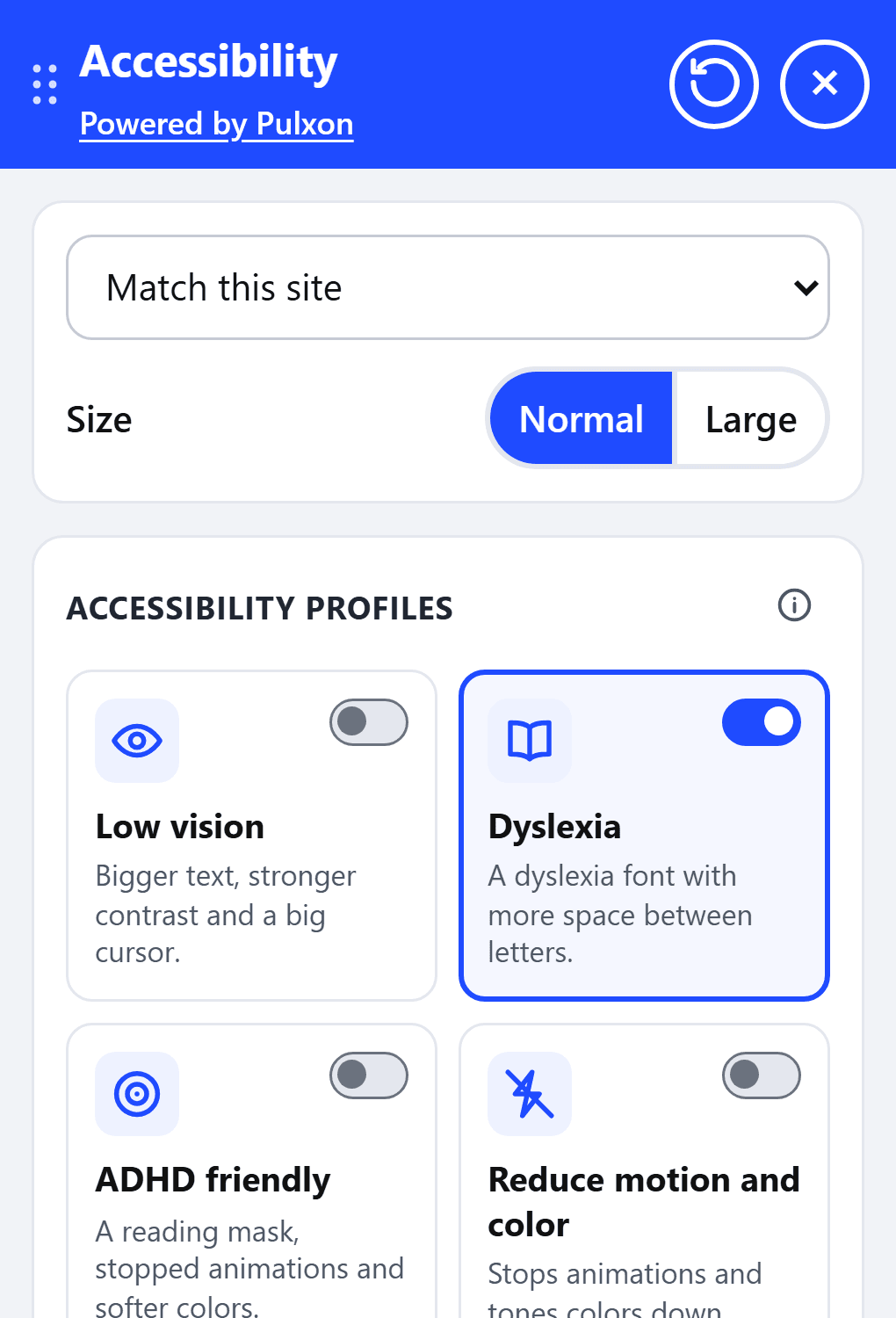 The Pulxon widget's panel: a language picker and size setting, then accessibility profiles as switches for low vision, dyslexia, ADHD, reduced motion, keyboard navigation and cognitive support.